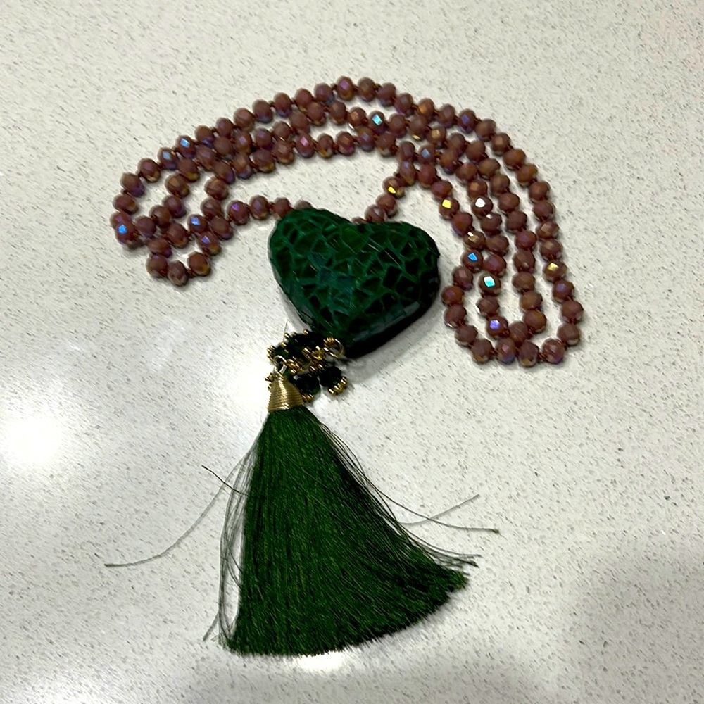 Hand crafted knotted buff beads long necklace w army green crystal mosaic heart